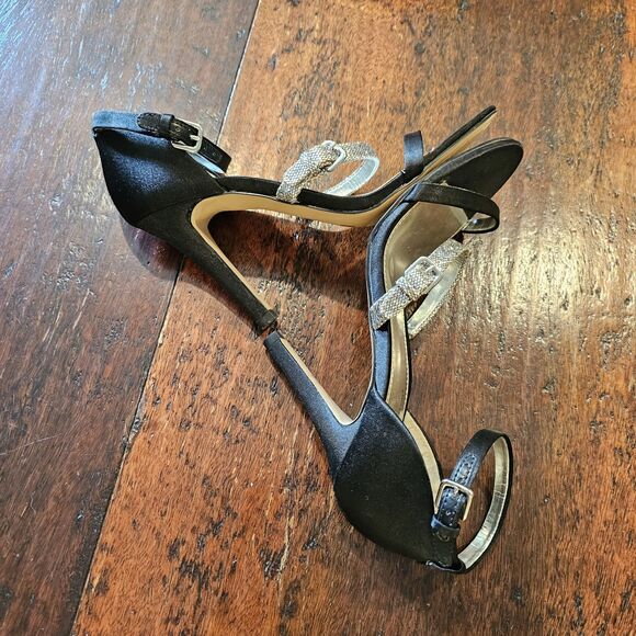 Black Ankle-Strap Stiletto Heels Size 7 Glitter Evening Party Pumps - Picture 5 of 6